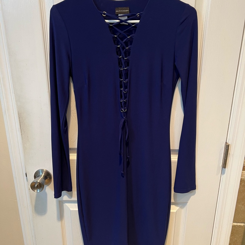Elegant Navy Lace-Up Long Sleeve Dress